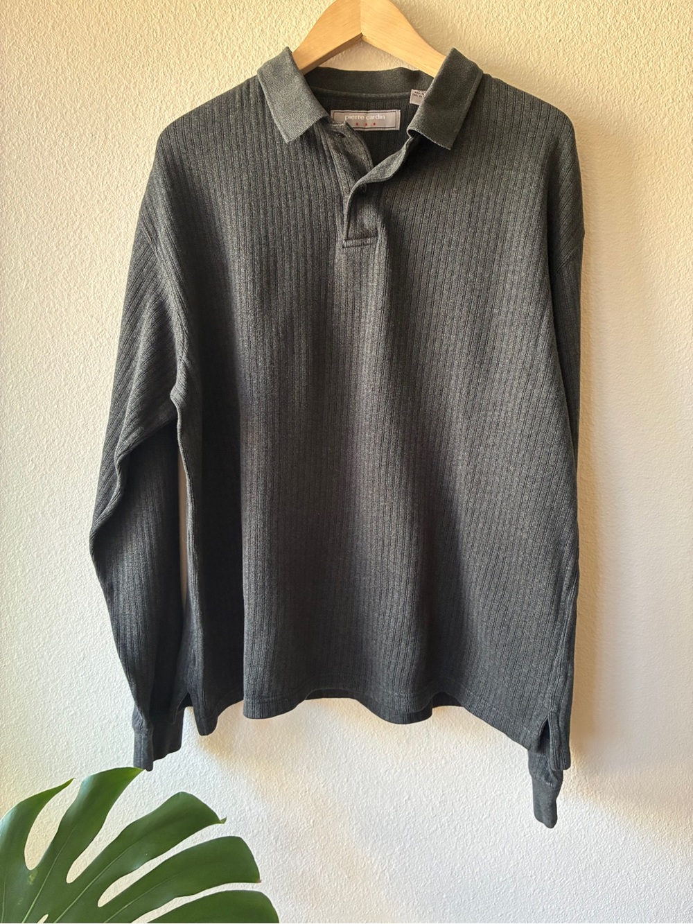 Vintage Pierre Cardin Y2K Men's Charcoal Cotton Ribbed Long-Sleeve Polo
